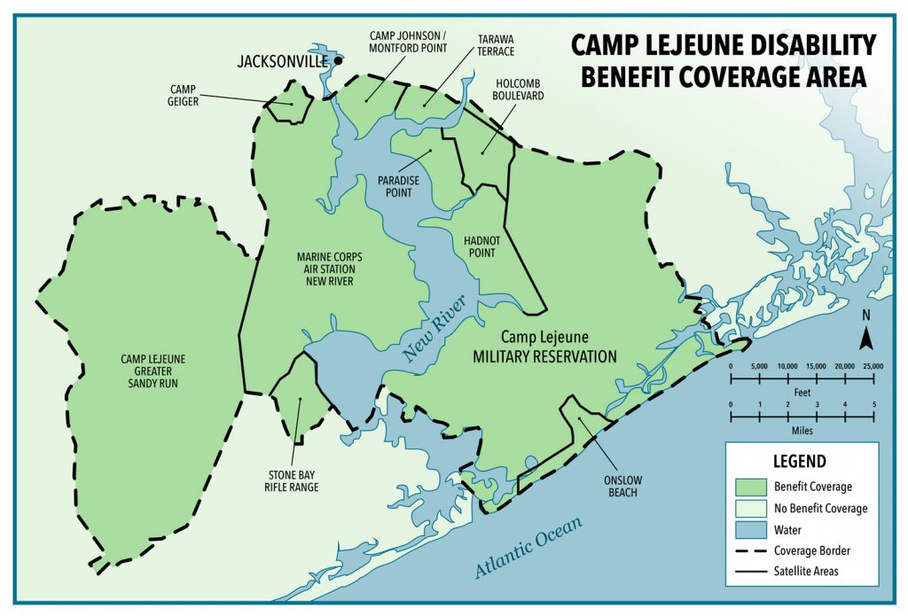Overview map of Camp Lejeune indicating the residing areas where disability benefits for victims are available.