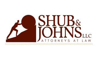 New 2023 Shub & Johns LLC law firm logo. A logo of a man pushing rock up a hill. Maroon text on a clear background. TEXT: Shub & Johns LLC | Attorneys at Law