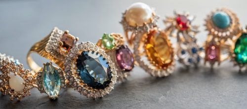 a row of rings and other jewelry.