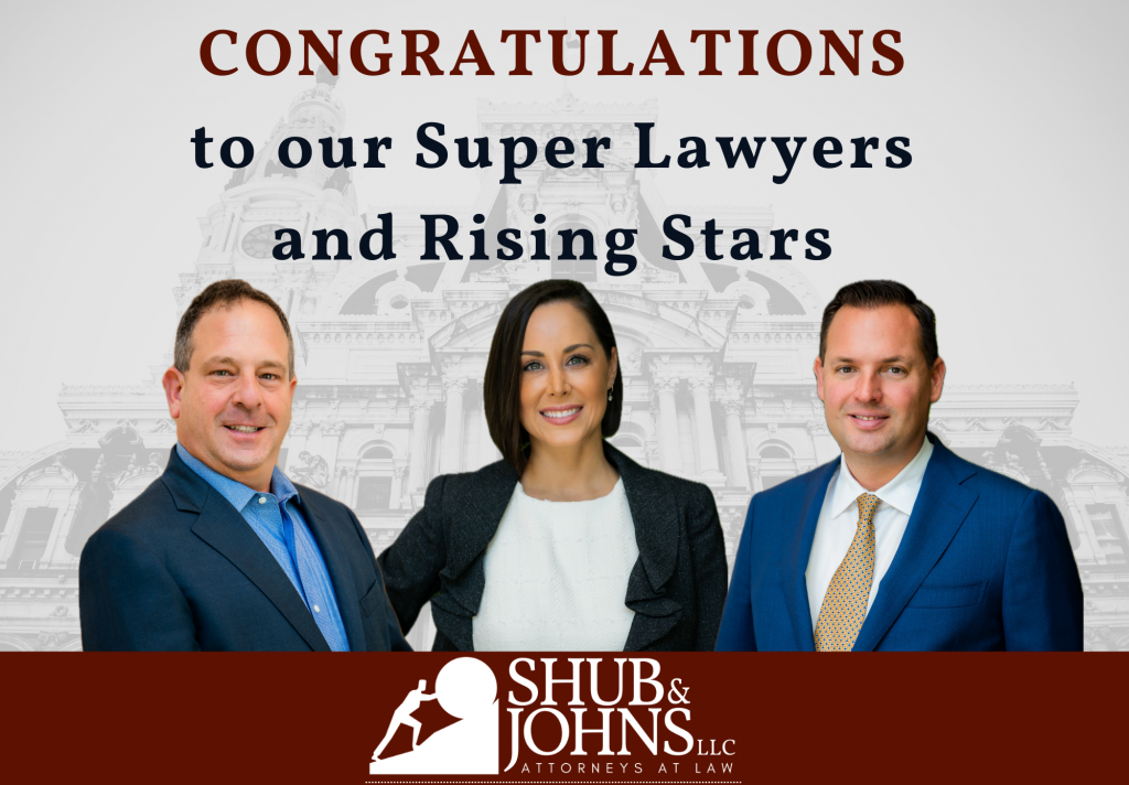 Announcement Graphic portraying Jonathan Shub, Samantha Holbrook, and Benjamin Johns. Text: Congratulations to our Super Lawyers and Rising Stars.